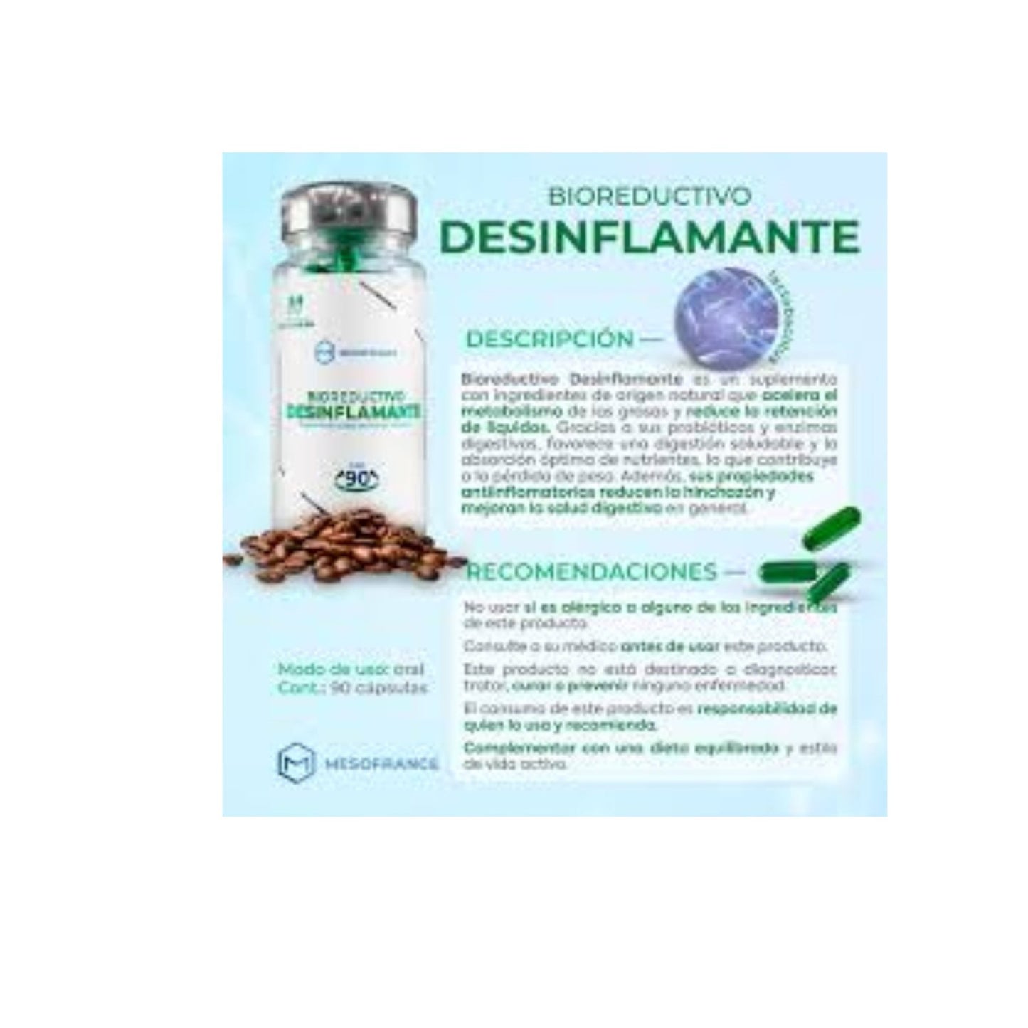 Bioreductivo Desinflamante - Mesofrance - Suplemento para Digestión Saludable y Reducción de Líquidos 90 Cápsulas - XtremeNutriMX