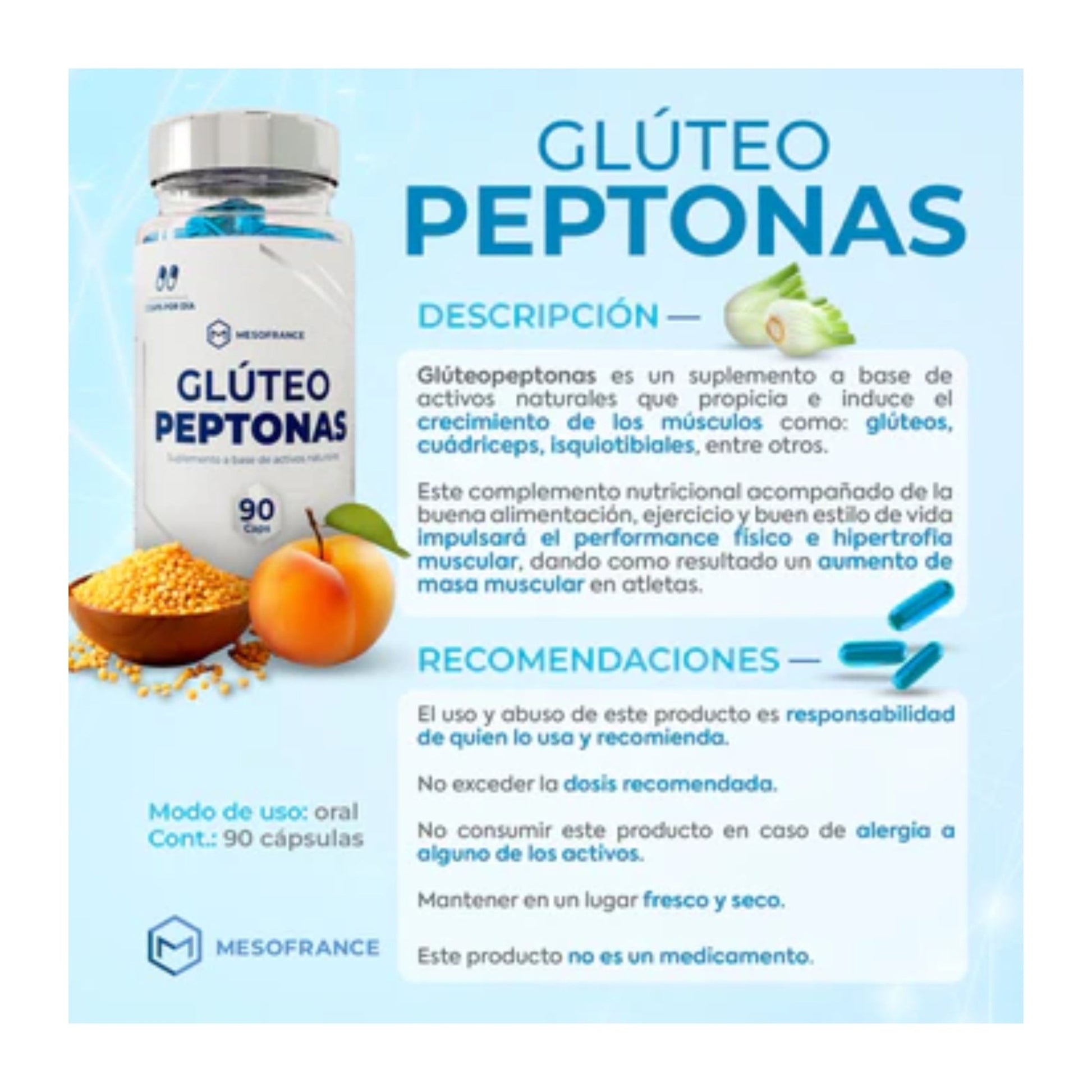 Gluteo Peptonas Caps - Mesofrance - Suplemento para Desarrollo Muscular y Glúteos 90 Cápsulas - XtremeNutriMX