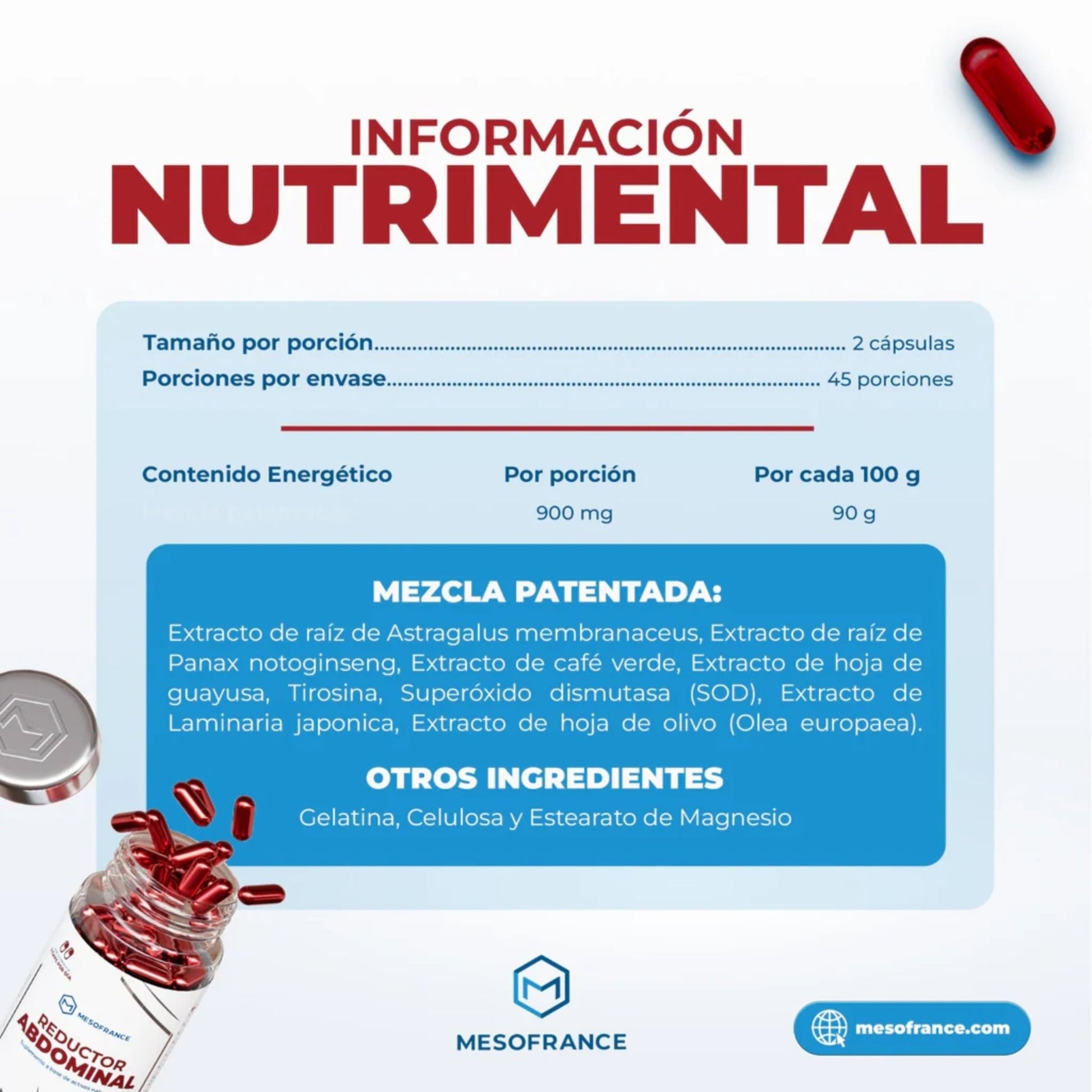 Reductor Abdominal - Mesofrance - Suplemento para Reducción Focalizada de Grasa 90 Cápsulas - XtremeNutriMX